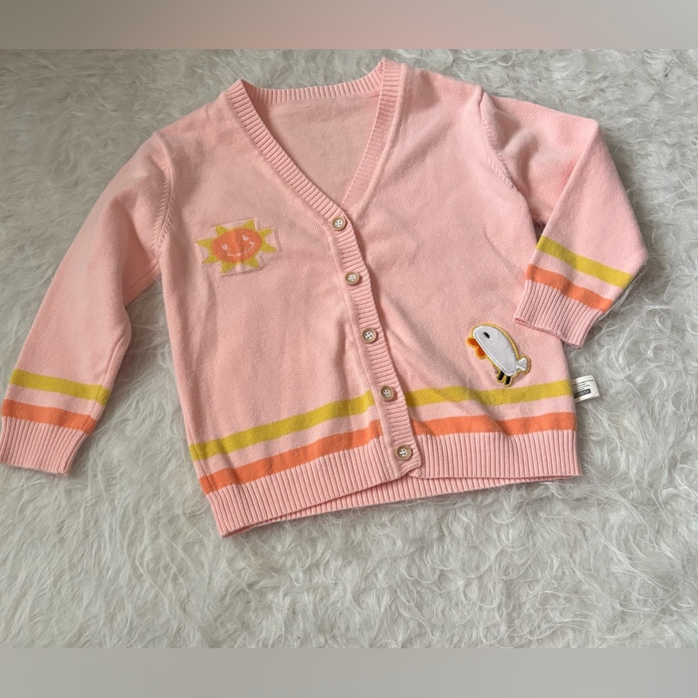 Springtime Pink Toddler Cardigan with Sun and Penguin Design
